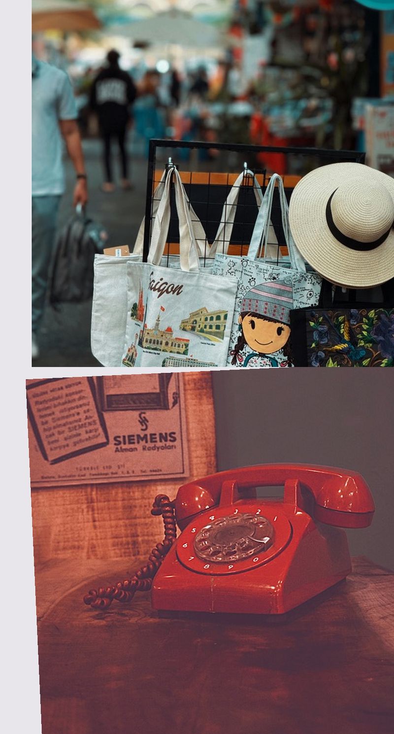 Collage: Marktstand, rotes Telefon